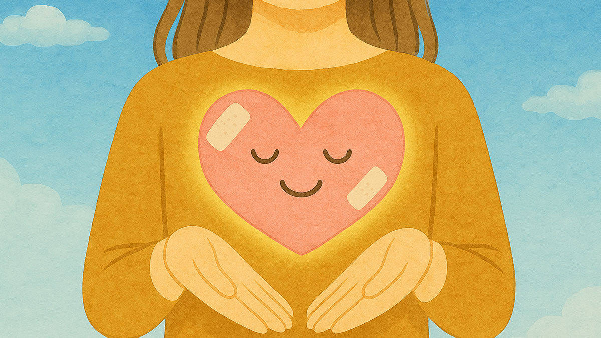 傷ついたハートを胸の前でそっと抱え、穏やかな表情で見守る女性の水彩イラスト。自己肯定感を取り戻す様子を表現。