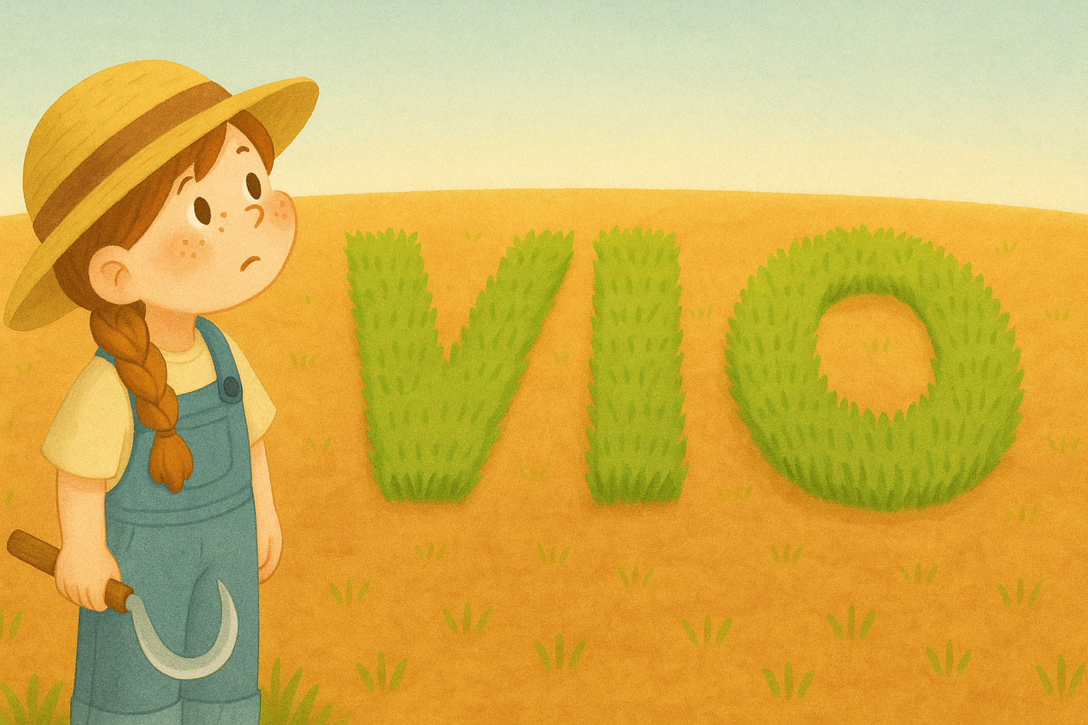 アラフィフ女性がVIO脱毛を考えるきっかけを表したイラスト。草原に「VIO」の文字が描かれ、50代の暮らしと脱毛体験をやさしく表現している。