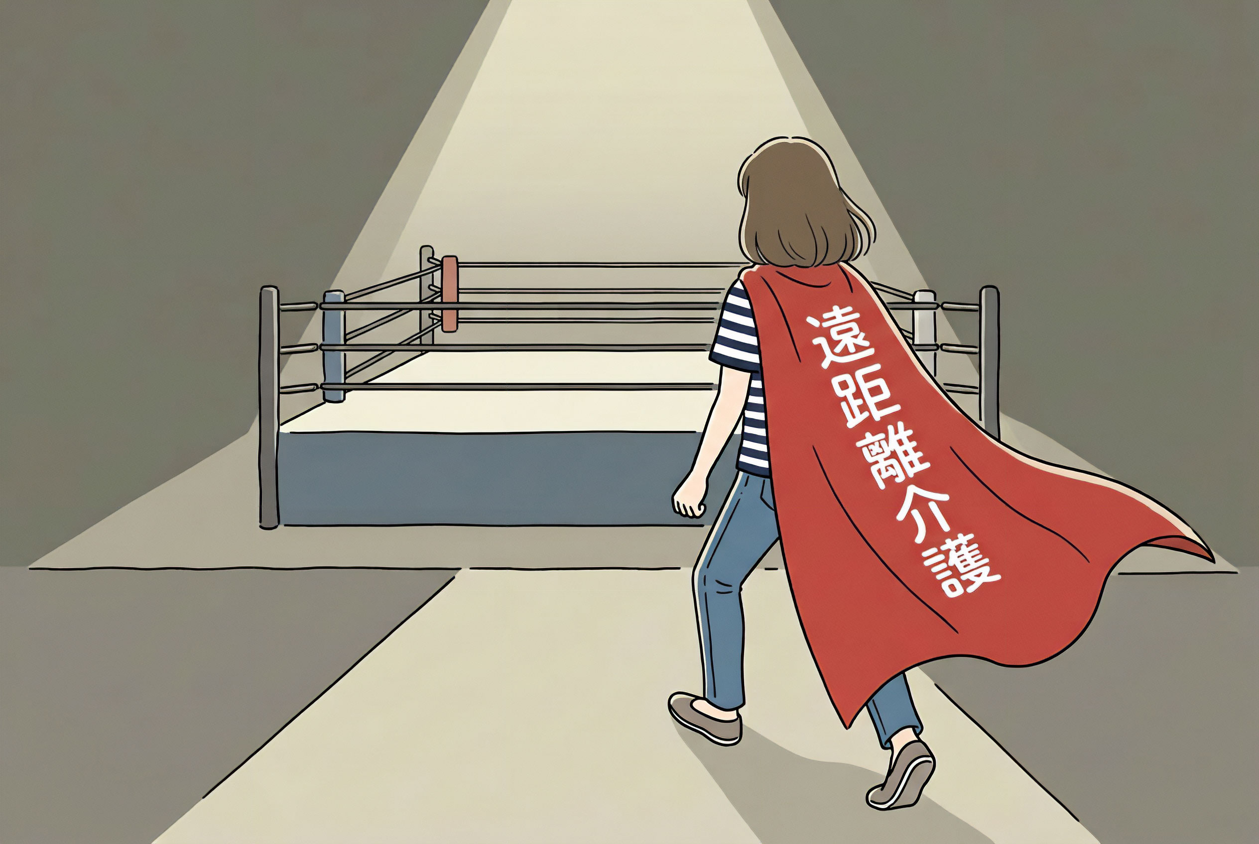 遠距離介護が始まるイメージ 女性がマント姿でリングに向かう