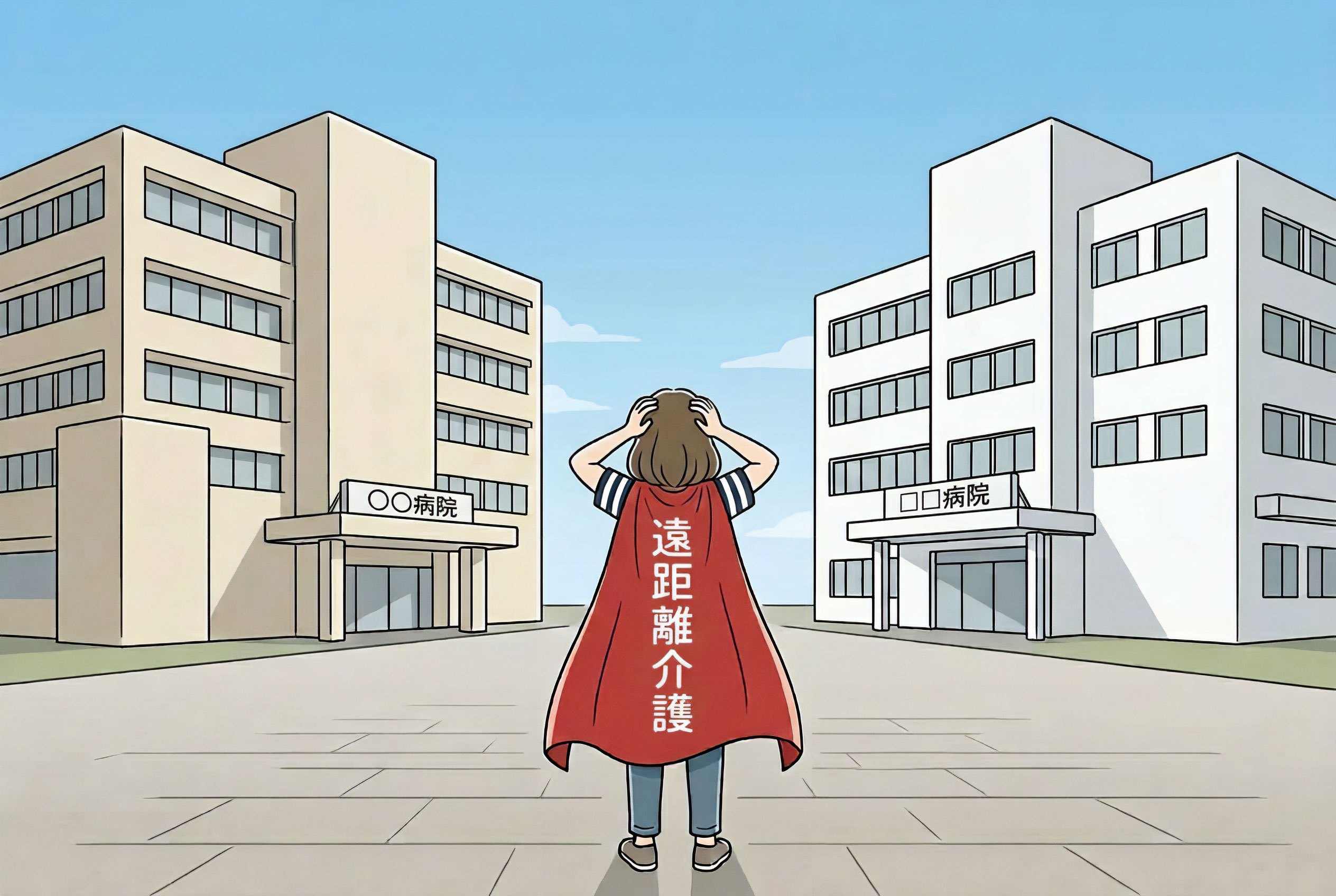 両親の遠距離介護。2つの病院の行き来で悩む女性のイラスト