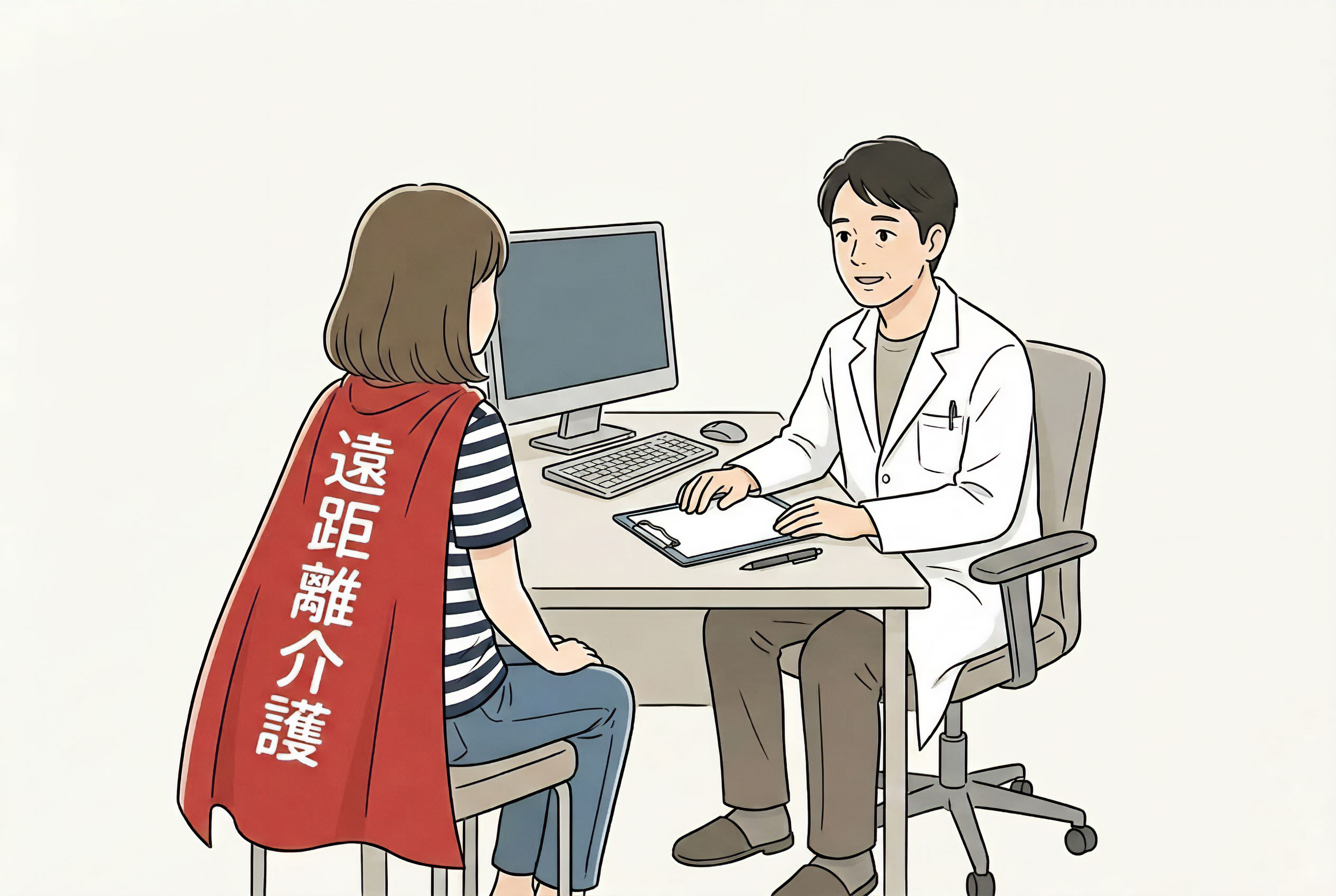 医師から父の病気の診断説明を受ける家族のイラスト