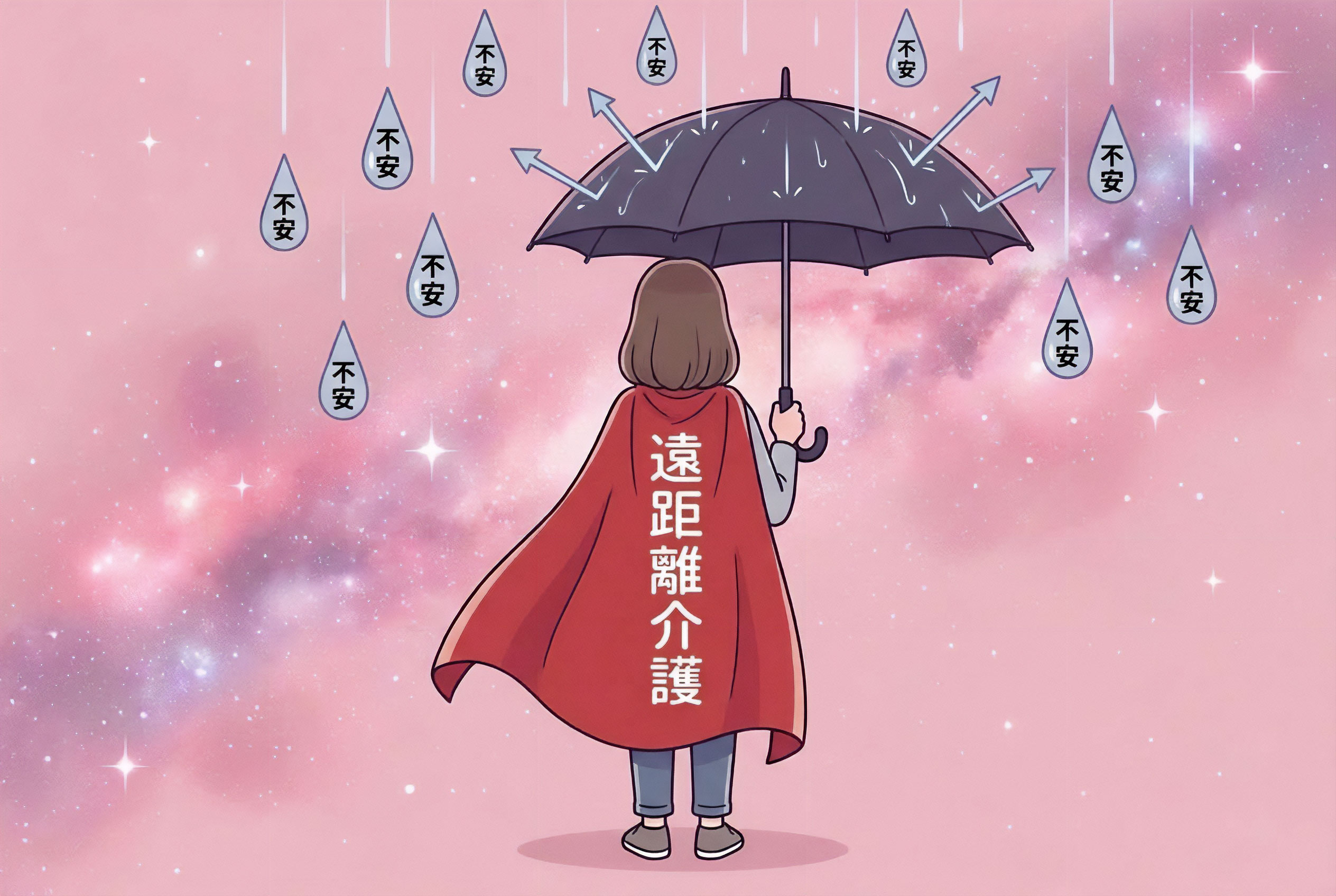 遠距離介護の不安から自分を守る女性｜傘で雨をしのぐイメージ
