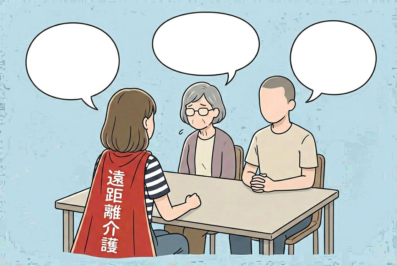 退院後の父の行先について話し合う家族のイメージイラスト